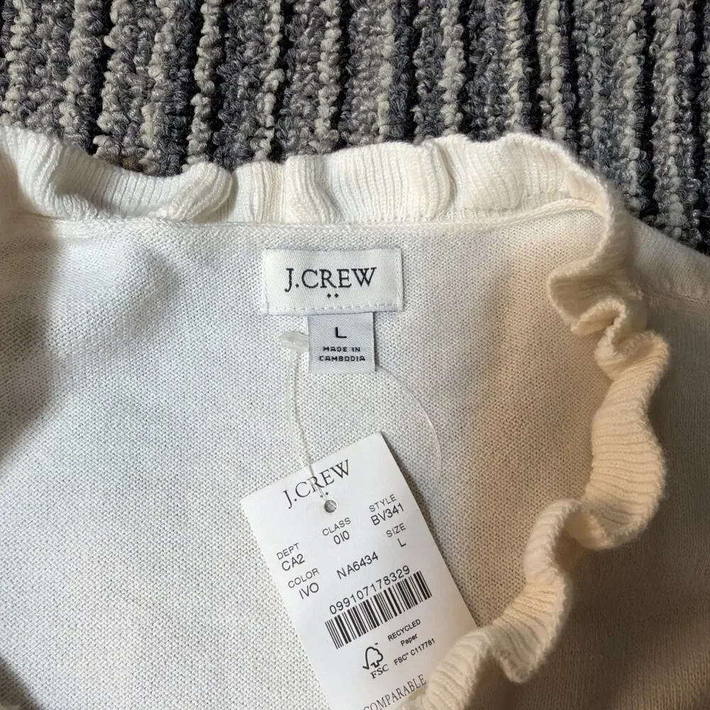 J. Crew Ivory Ruffle Neck Sweater Long Sleeve Top New With Tags Size Large